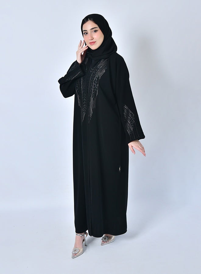 HAWRAA ABAYA Black wrap abaya with embroidery on both sides of the abaya and sleeves in black and dark grey - Image 2